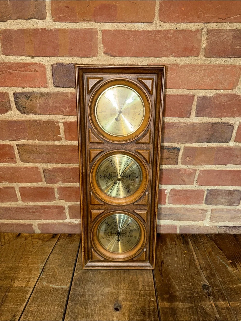 Springfield Weather Station Wood Wall Barometer Thermometer Hygrometer 70s Vtg